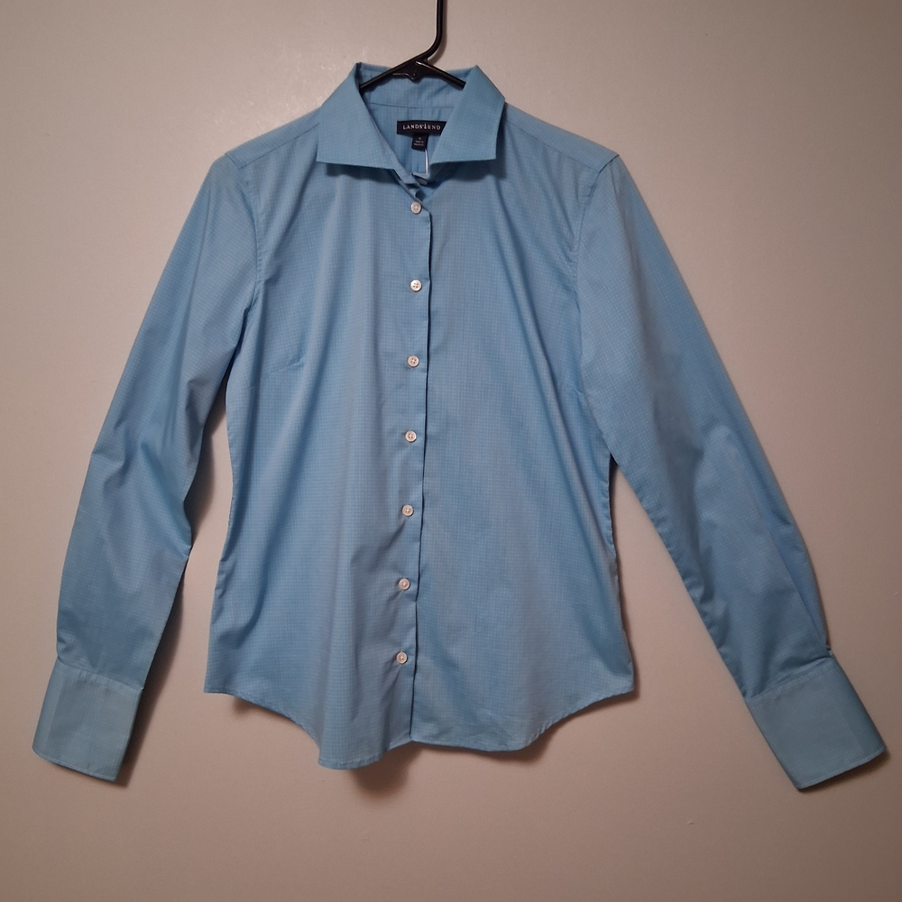 Lands' End Women's Light Blue Dress Button Up Cool Max Shirt Size 10